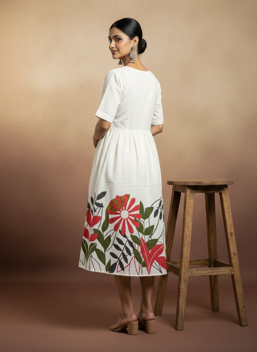 Floral Print A-Line Cotton Midi Dress – White & Multicolor