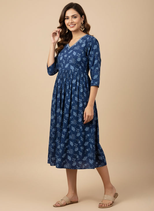 Elegant Blue Printed Midi Dress for Women