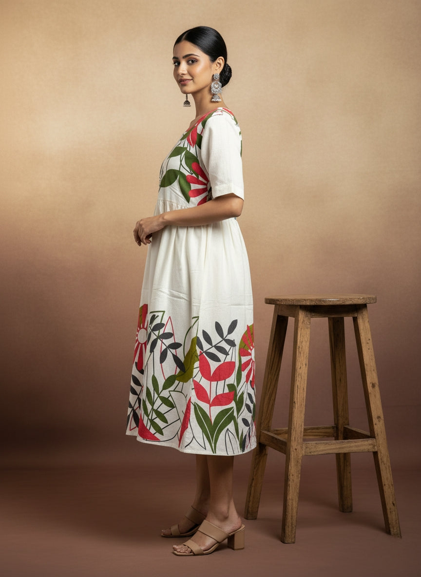 Floral Print A-Line Cotton Midi Dress – White & Multicolor