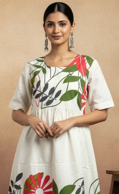 Floral Print A-Line Cotton Midi Dress – White & Multicolor
