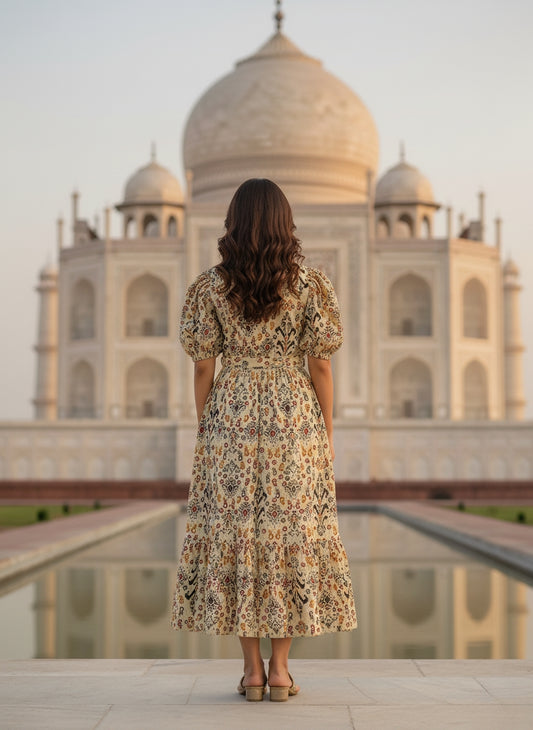 Floral Printed Midi Dress for Women with Puff Sleeves