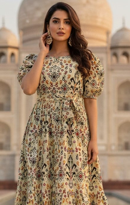 Floral Printed Midi Dress for Women with Puff Sleeves