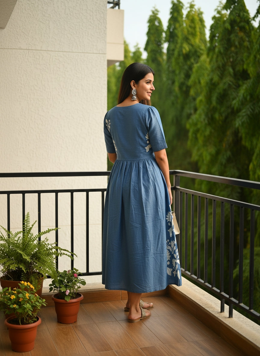 Elegant Blue Floral Printed Midi Dress for Women