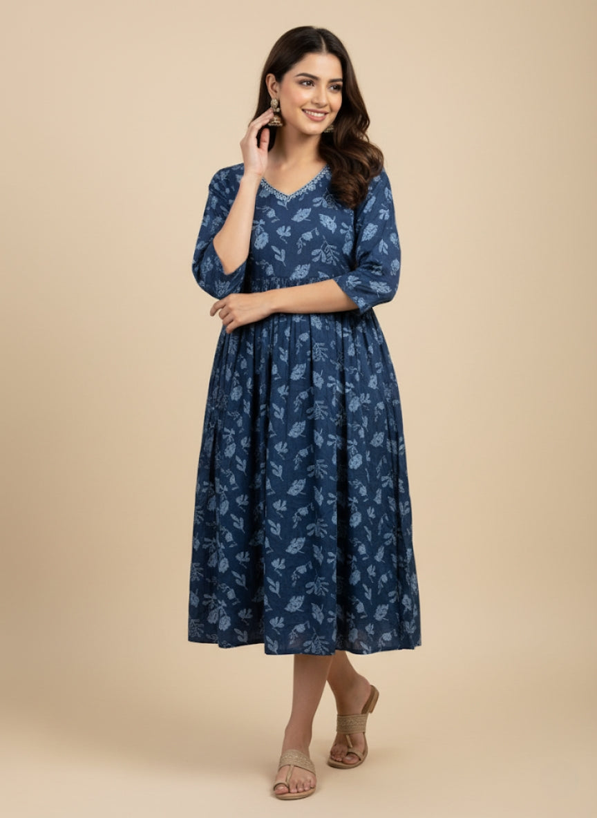Elegant Blue Printed Midi Dress for Women