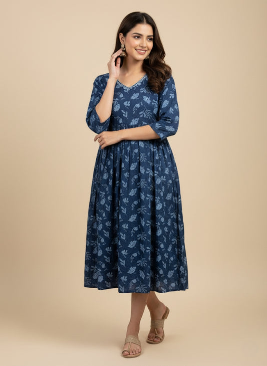 Elegant Blue Printed Midi Dress for Women