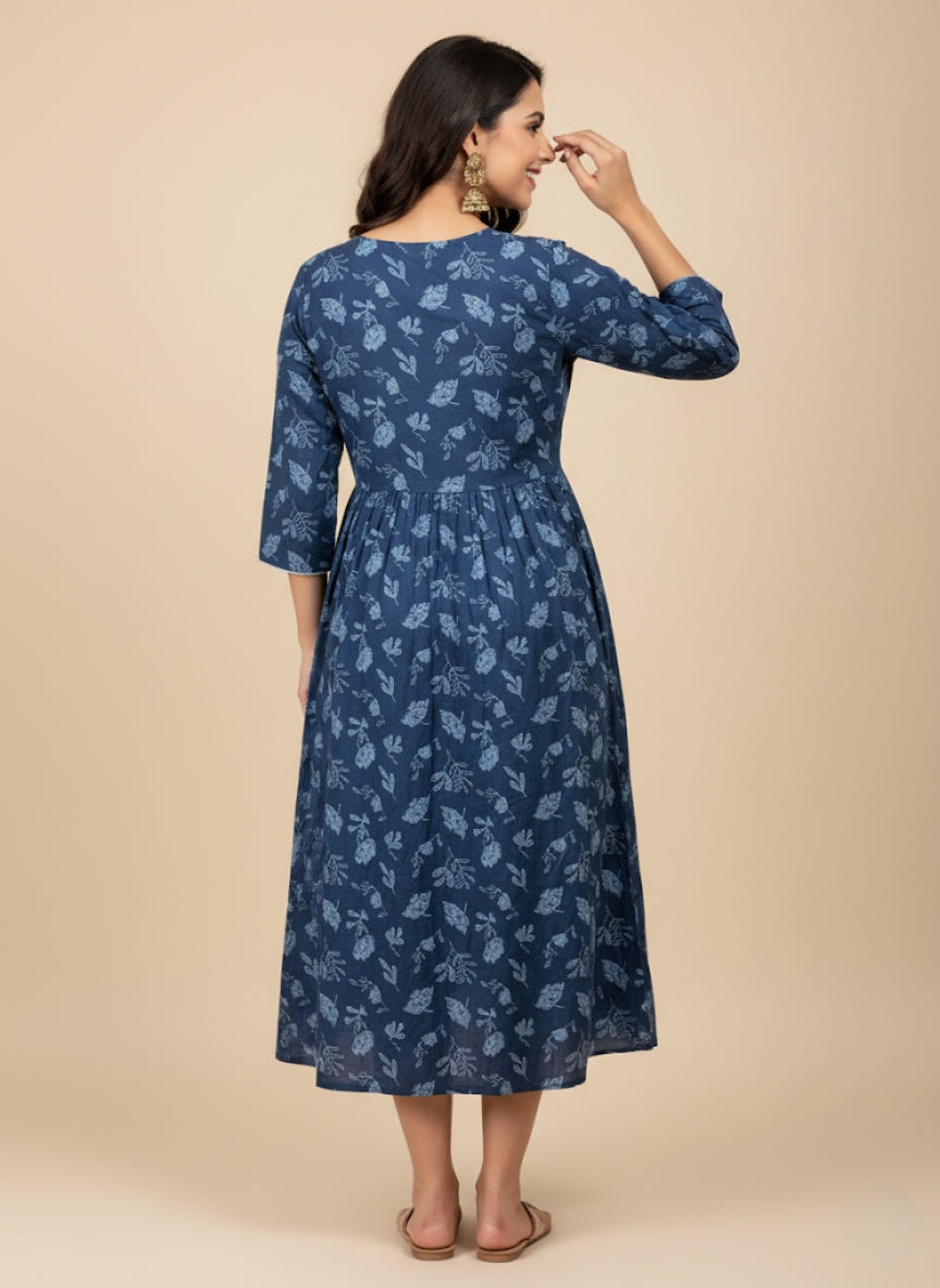 Elegant Blue Printed Midi Dress for Women