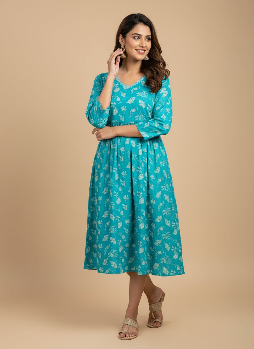 Elegant Blue Printed Midi Dress for Women