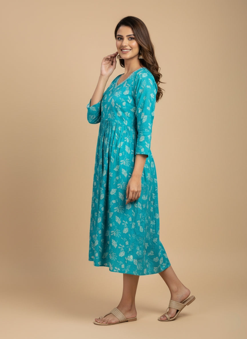 Elegant Blue Printed Midi Dress for Women