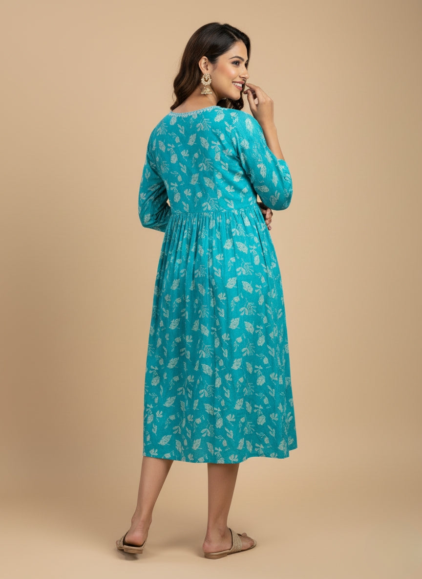 Elegant Blue Printed Midi Dress for Women