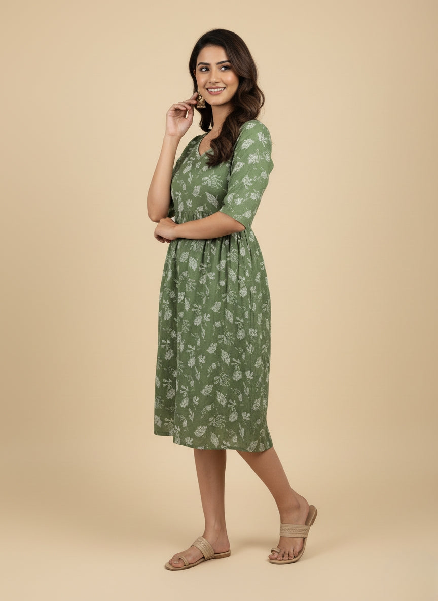 Elegant Blue Printed Midi Dress for Women