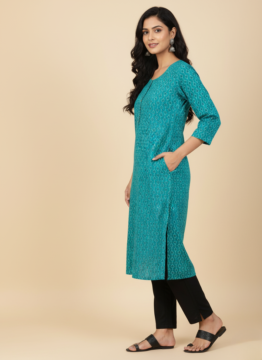 Teal Printed Kurta for Women