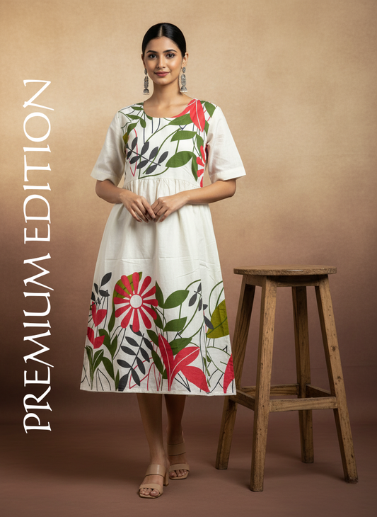 Floral Print A-Line Cotton Midi Dress – White & Multicolor