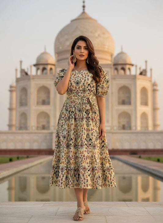Floral Printed Midi Dress for Women with Puff Sleeves