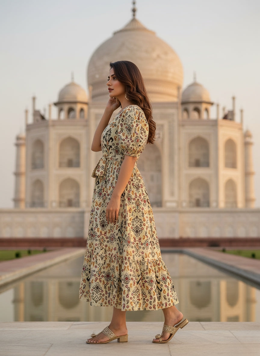 Floral Printed Midi Dress for Women with Puff Sleeves