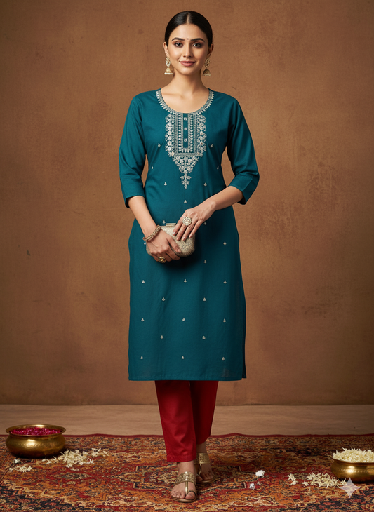 Elegant Teal Embroidered Kurta for Women