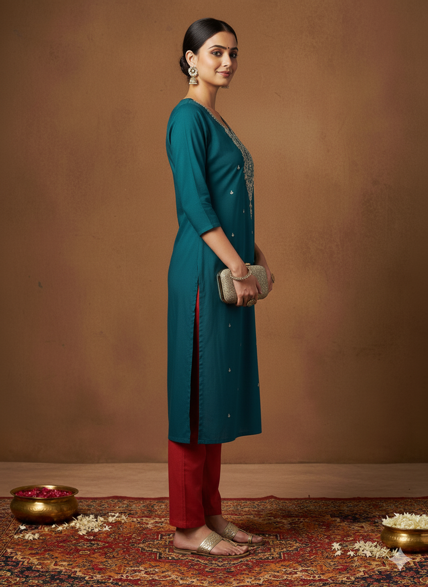 Elegant Teal Embroidered Kurta for Women