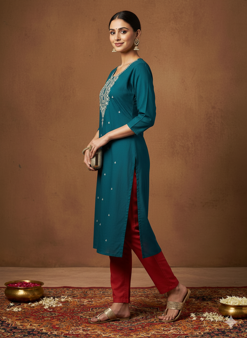 Elegant Teal Embroidered Kurta for Women
